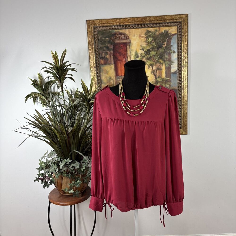 Loft Women’s Long Sleeve Blouse Small‎ Red Button Shoulder Drawstring Hem